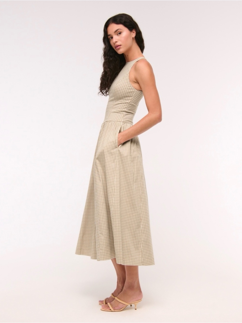 Abercrombie & Fitch Beige Gingham Midi Dress - Picture 3 of 8